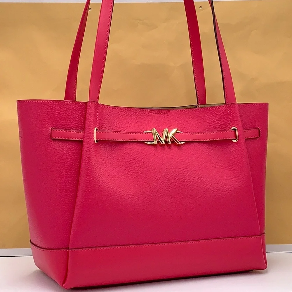 MICHAEL KORS Reed Large Leather Belted Satchel Shoulder Handbag Electric Pink